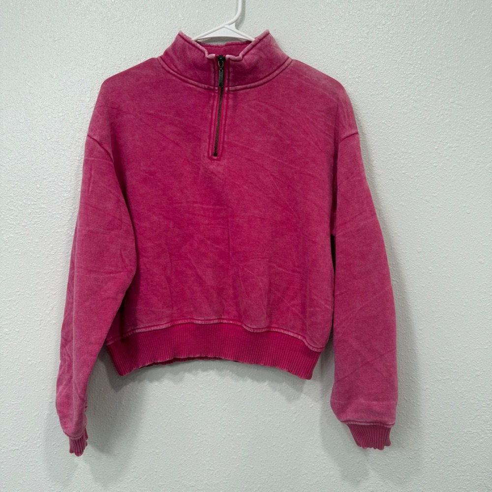 Zenana Womens Pink Mineral Wash Quarter Zip Cropped Sweatshirt Pullover Small